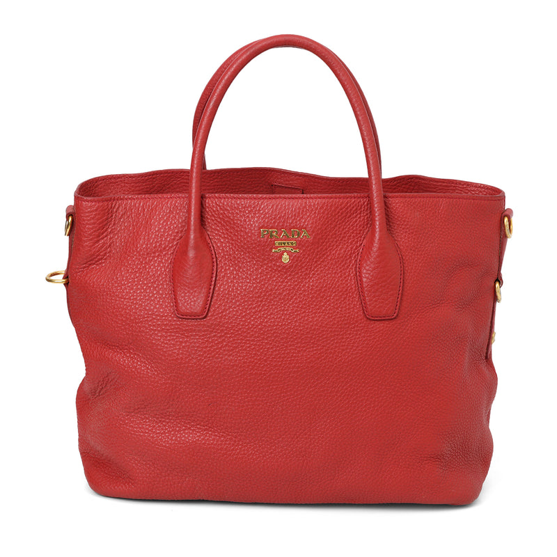 Prada Vitello Daino Red Rosso Pebbled Leather Large Open Tote