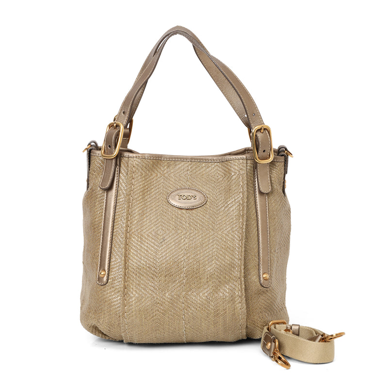 Women Tods Metallic Grey And Beige Raffia Bucket Bag One Size