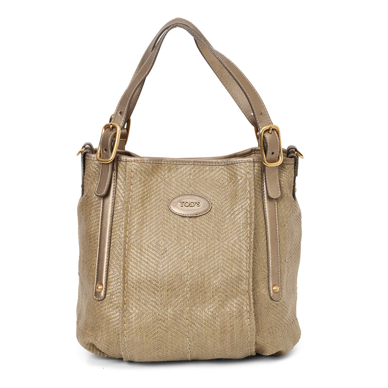 Tods Metallic Grey And Beige Raffia Bucket Bag One Size