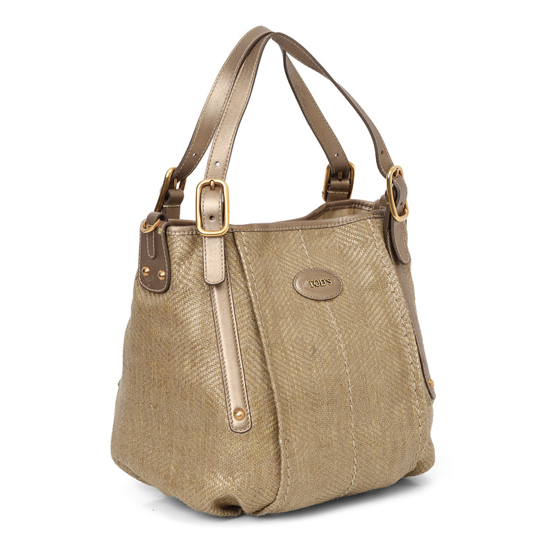 Pre-loved Tods Metallic Grey And Beige Raffia Bucket Bag One Size