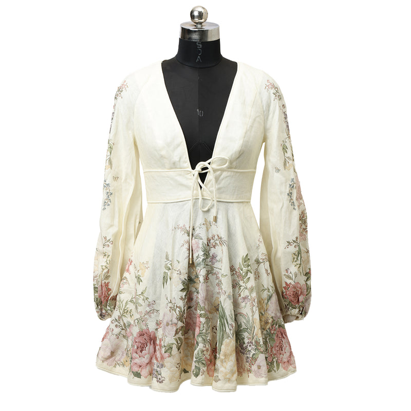 Zimmermann Cream floral Waverly Plunge Linen Skater Mini Dress- AU 0/UK 8