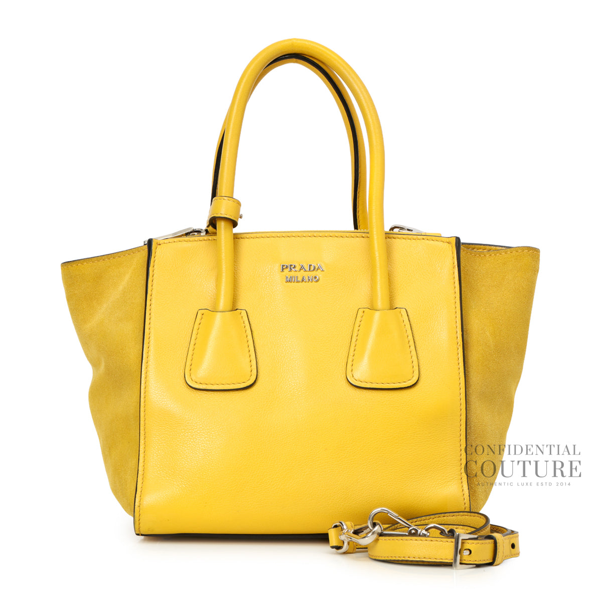 Authentic Pre-Loved — Yellow Glace Calfskin Leather and Suede Twin Pocket Double Handle Small Tote Bag — Interior View