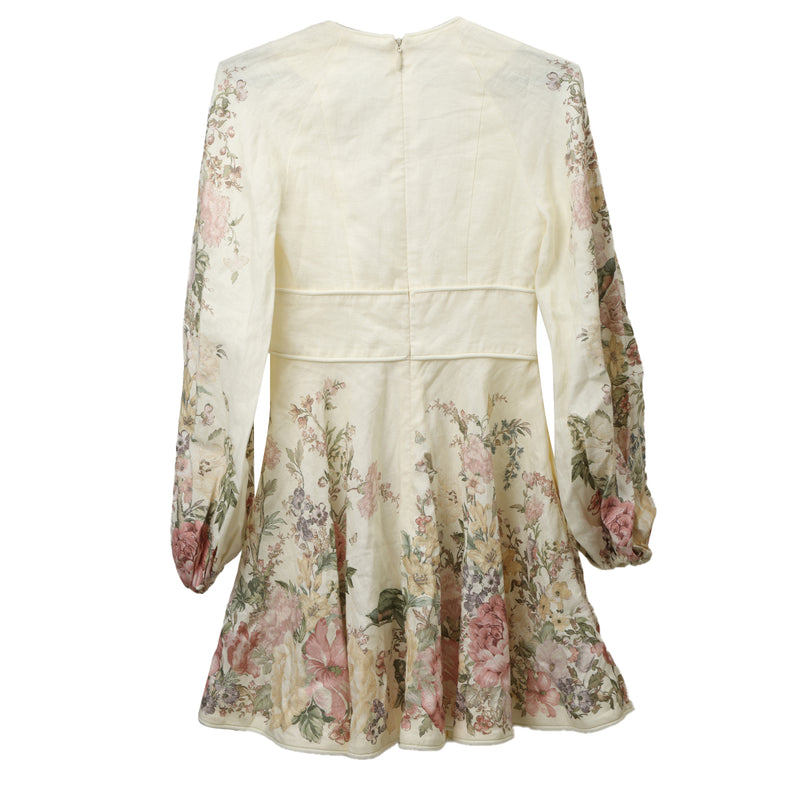 Pre-loved Zimmermann Cream floral Waverly Plunge Linen Skater Mini Dress- AU 0/UK 8
