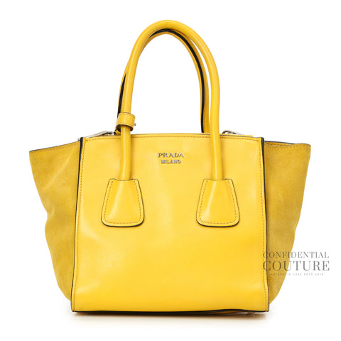 Yellow Glace Calfskin Leather and Suede Twin Pocket Double Handle Small Tote Bag