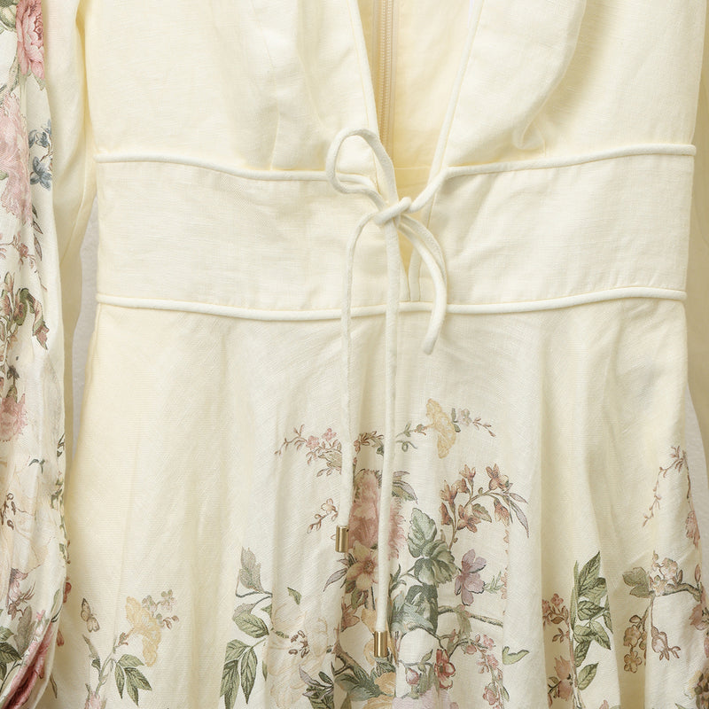Women pre loved Zimmermann Cream floral Waverly Plunge Linen Skater Mini Dress- AU 0/UK 8