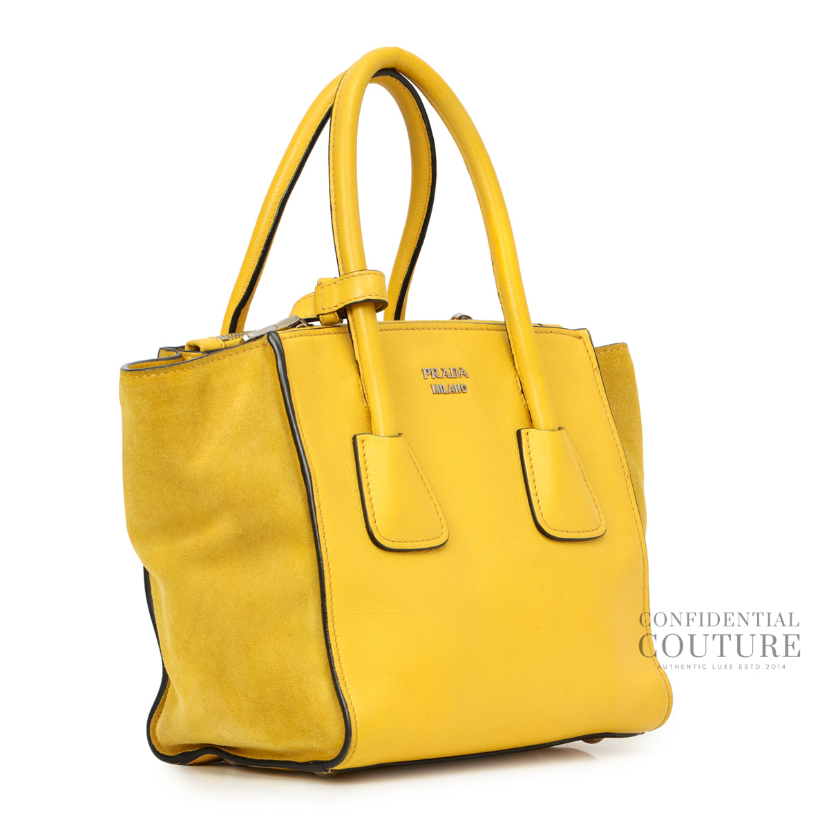 Authentic Pre-Loved — Yellow Glace Calfskin Leather and Suede Twin Pocket Double Handle Small Tote Bag — Side View