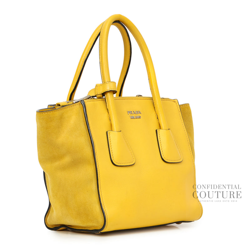 Yellow Glace Calfskin Leather and Suede Twin Pocket Double Handle Small Tote Bag
