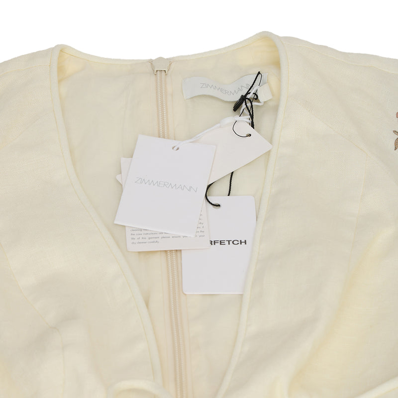 Women pre loved Zimmermann Cream floral Waverly Plunge Linen Skater Mini Dress- AU 0/UK 8