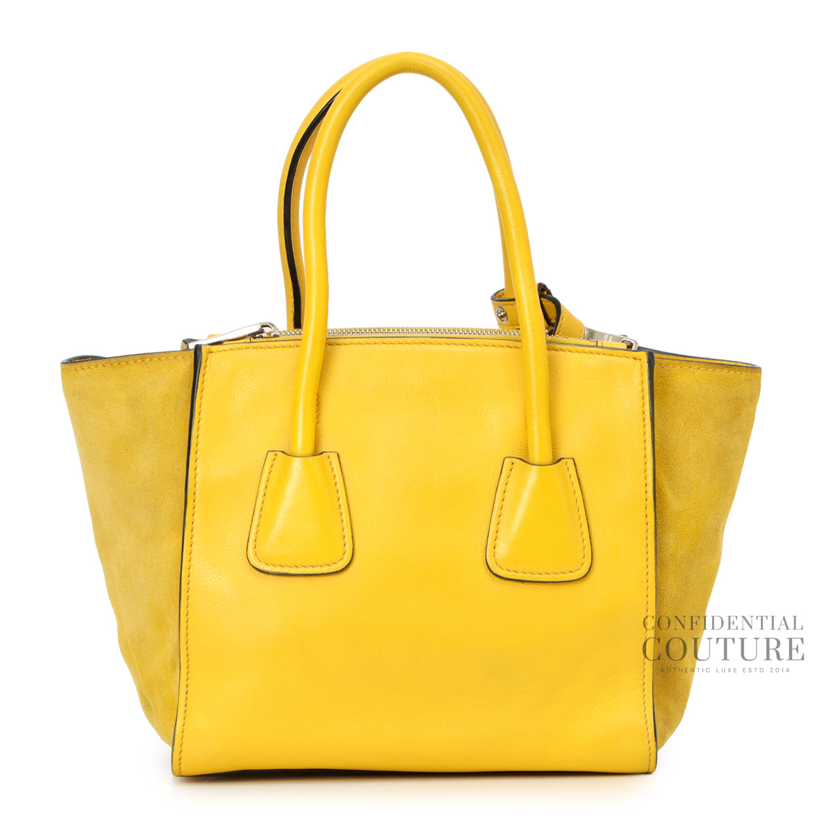 Authentic Pre-Loved — Yellow Glace Calfskin Leather and Suede Twin Pocket Double Handle Small Tote Bag — Back View