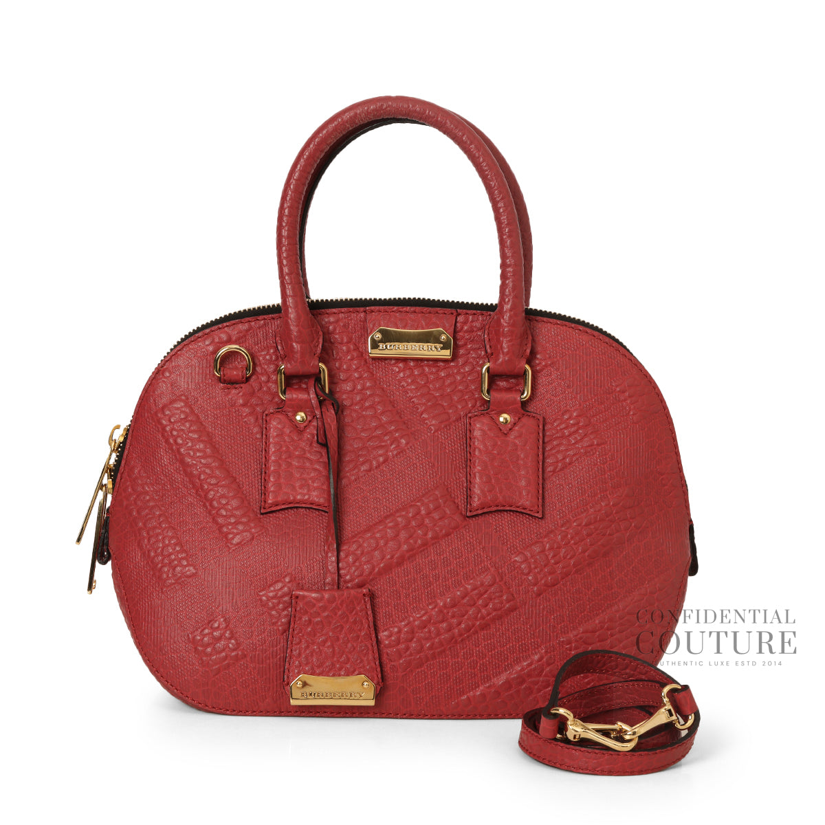 Brick Red Grained Check Embossed Leather Small Orchard Satchel Bag