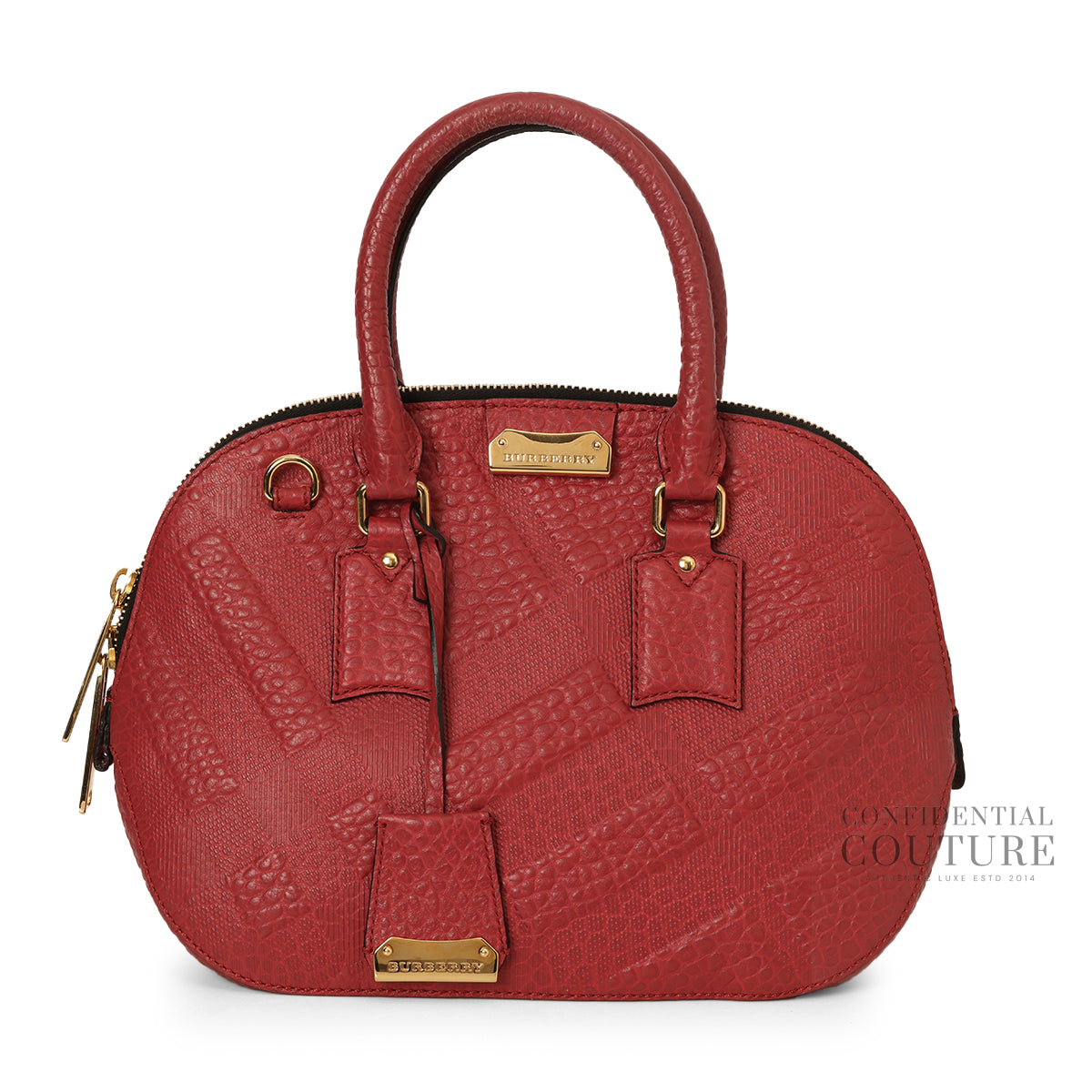 Brick Red Grained Check Embossed Leather Small Orchard Satchel Bag