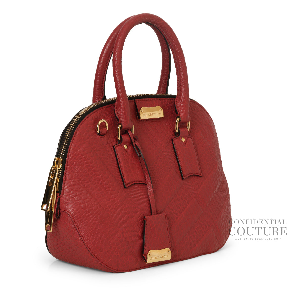 Brick Red Grained Check Embossed Leather Small Orchard Satchel Bag