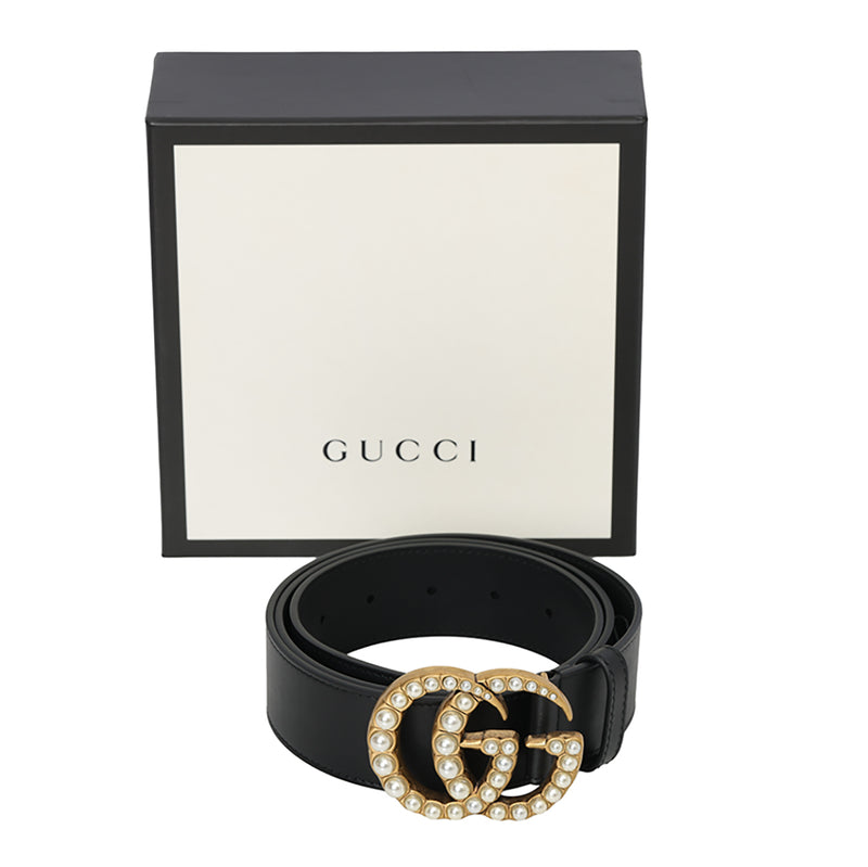 GG Marmont Pearls Black Leather Belt 40