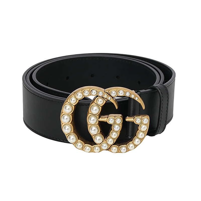 GG Marmont Pearls Black Leather Belt 40