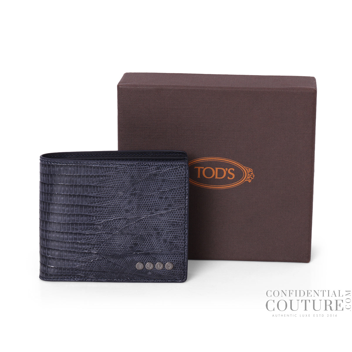 Blue Croc-Embossed Patent Leather Bi-Fold Wallet