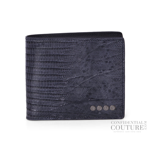 Blue Croc-Embossed Patent Leather Bi-Fold Wallet