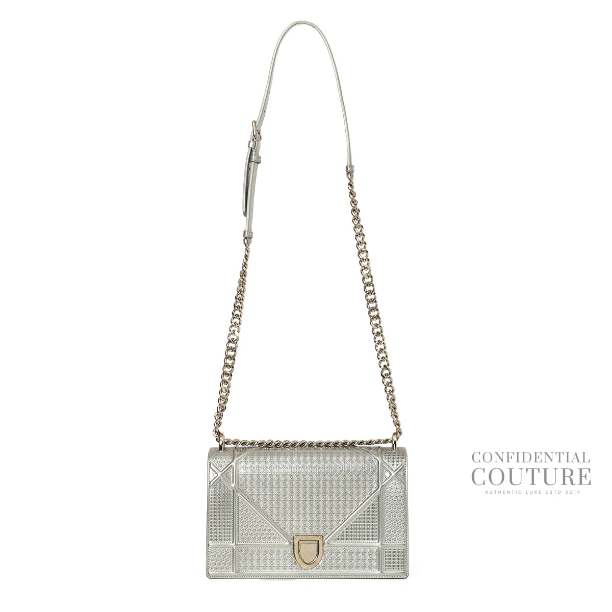 Silver Metallic Leather Micro Cannage Medium Diorama Bag