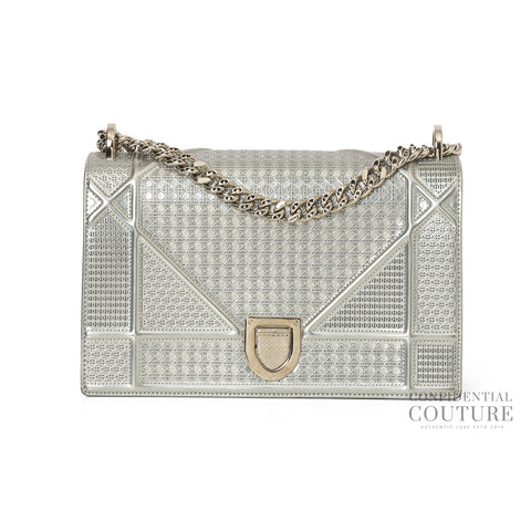 Silver Metallic Leather Micro Cannage Medium Diorama Bag