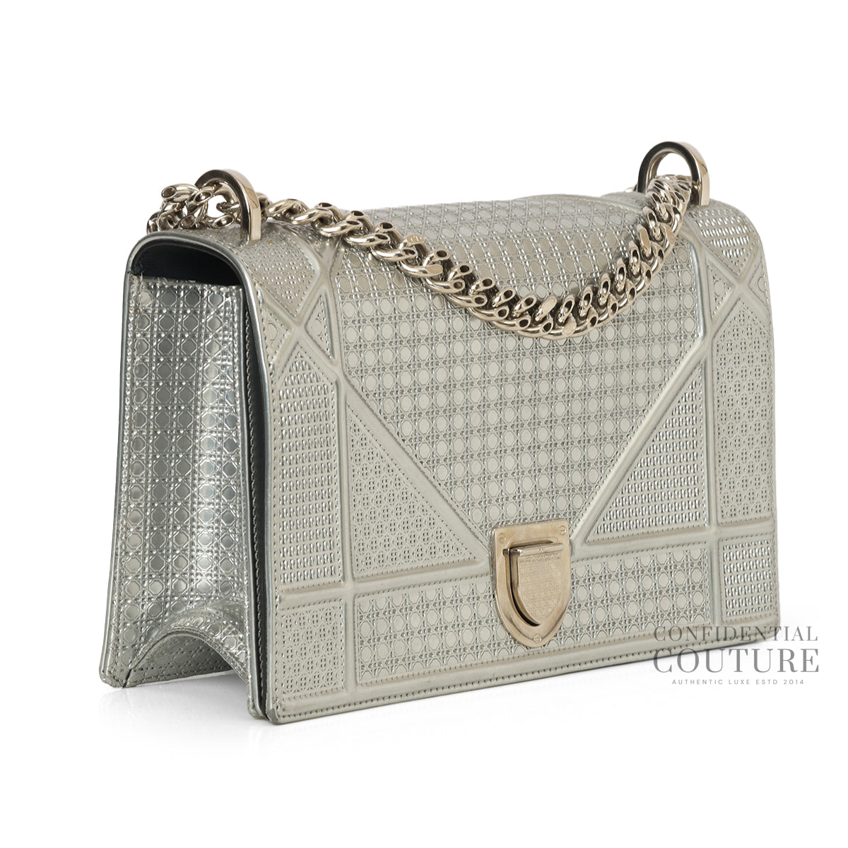 Silver Metallic Leather Micro Cannage Medium Diorama Bag