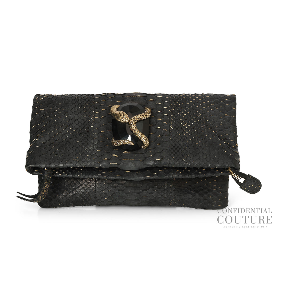 Black Python Crystal Foldover Clutch