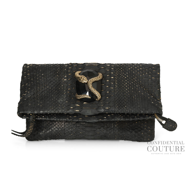 Roberto Cavalli Black Python Crystal Foldover Clutch