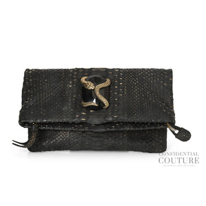 Black Python Crystal Foldover Clutch