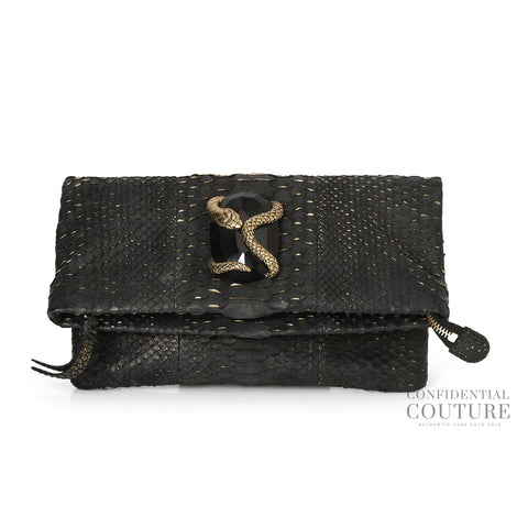 Black Python Crystal Foldover Clutch