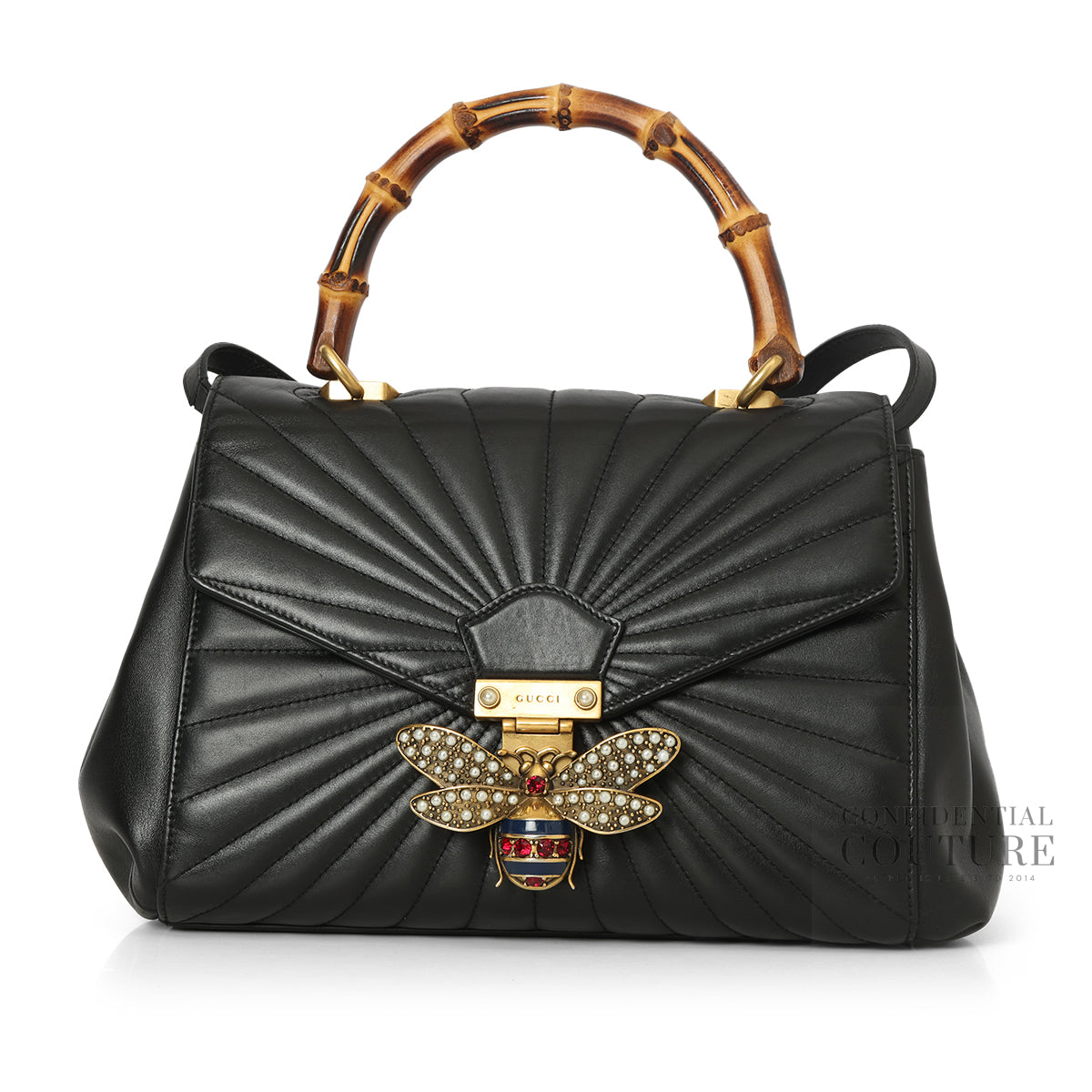 Black Quilted Leather Queen Margaret Bamboo Bee Top Handle Bag