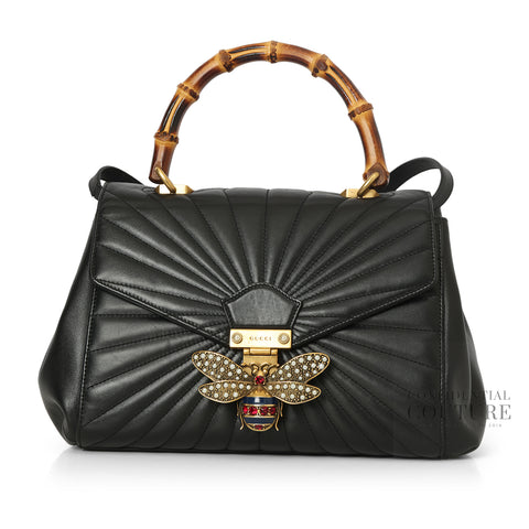 Black Quilted Leather Queen Margaret Bamboo Bee Top Handle Bag