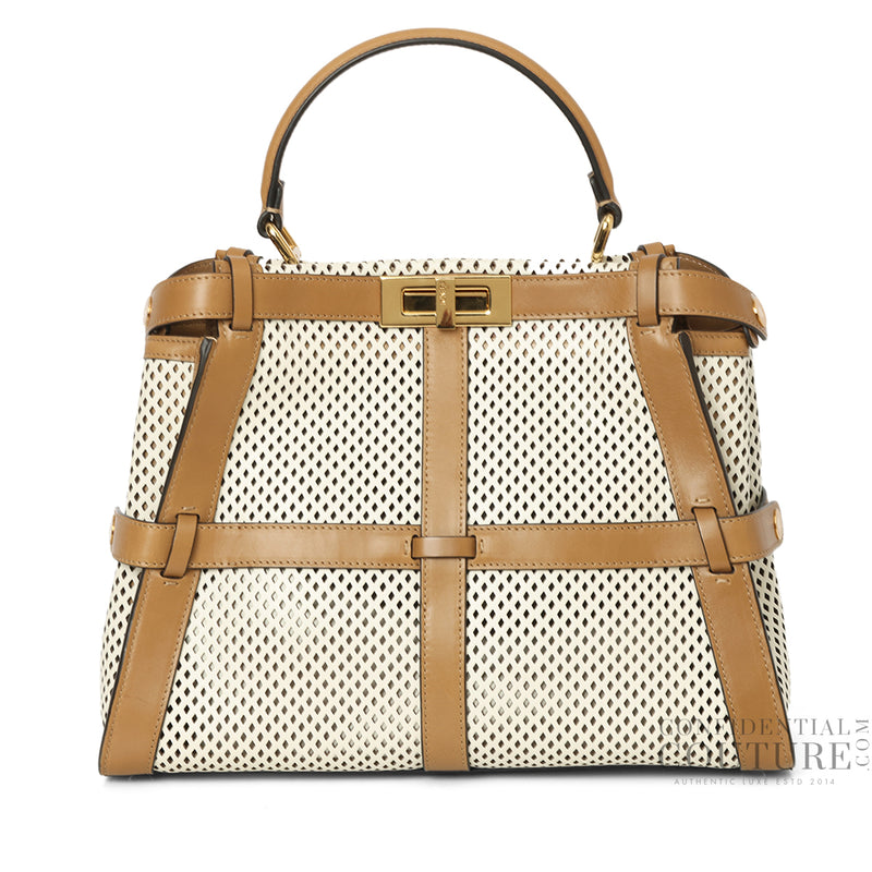Peekaboo Regular Perforated Leather 2way Handbag In Beige & Brown