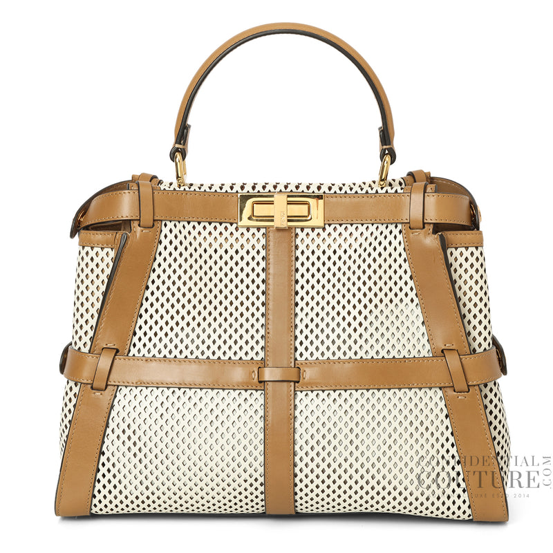 Peekaboo Regular Perforated Leather 2way Handbag In Beige & Brown