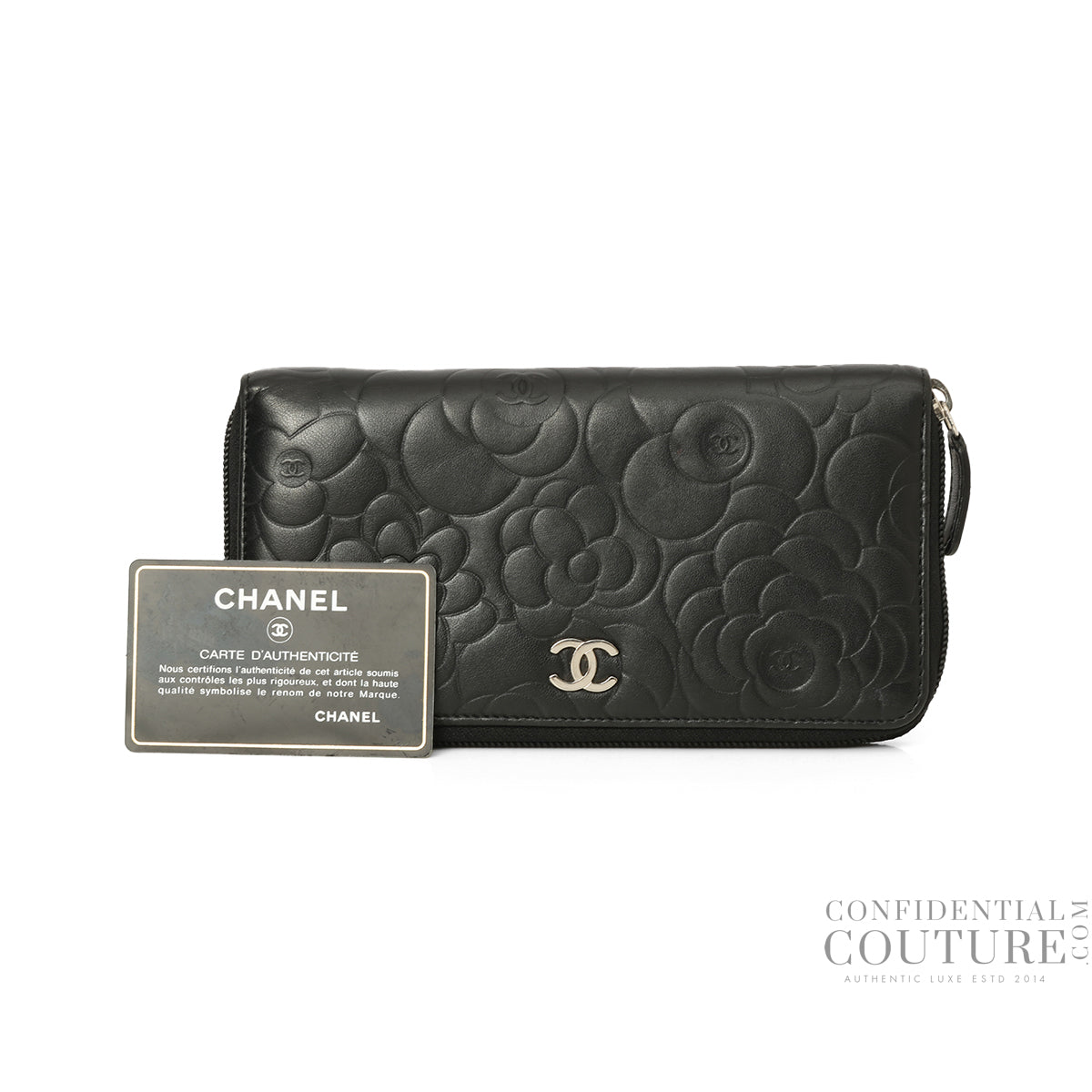 Black Camellia Embossed Zip Around Wallet