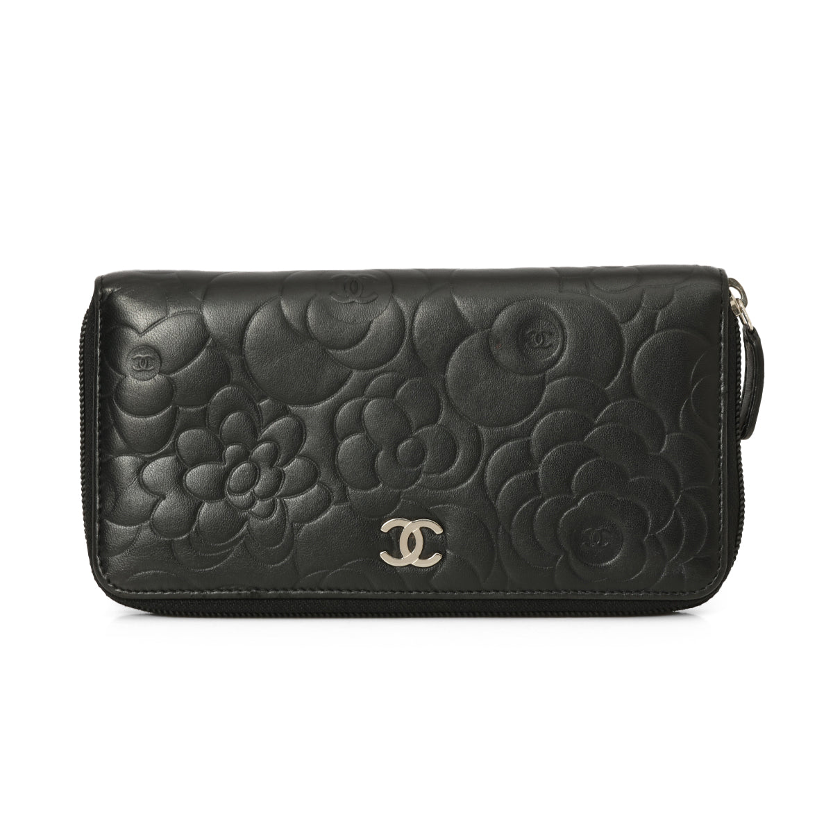 Black Camellia Embossed Zip Around Wallet