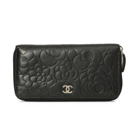 Black Camellia Embossed Zip Around Wallet