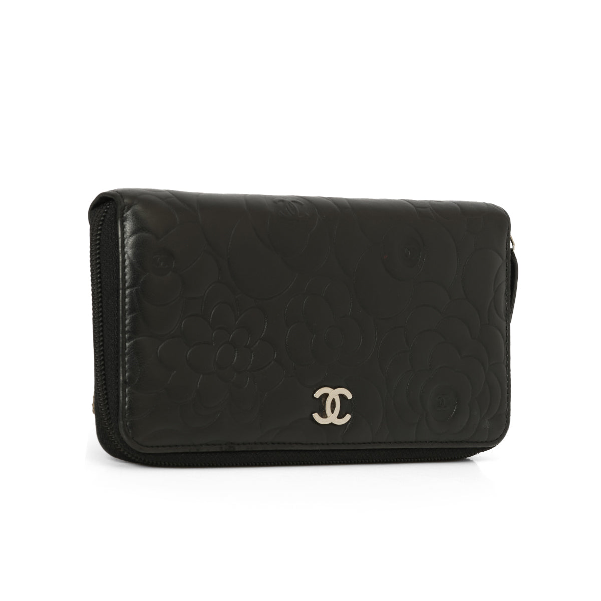 Black Camellia Embossed Zip Around Wallet