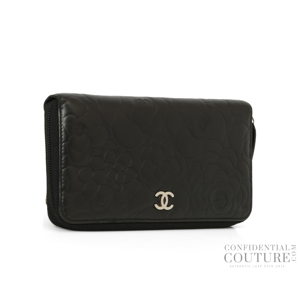 Black Camellia Embossed Zip Around Wallet