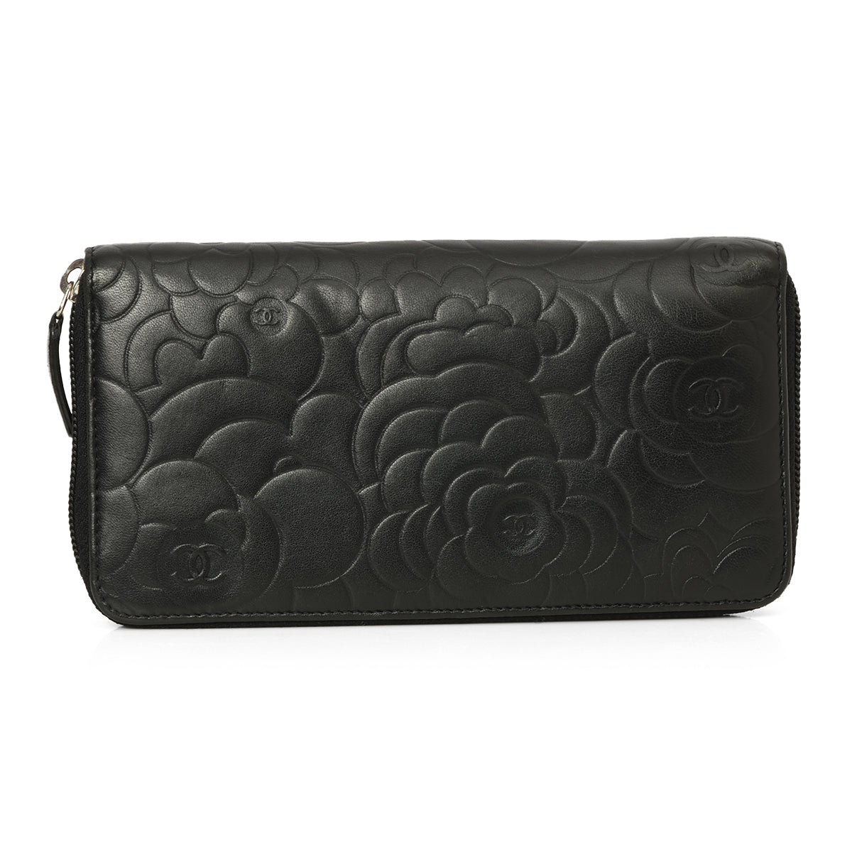 Black Camellia Embossed Zip Around Wallet
