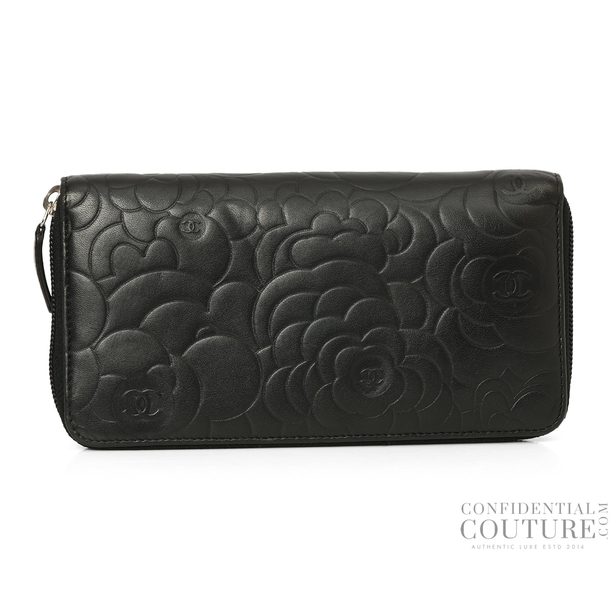 Black Camellia Embossed Zip Around Wallet