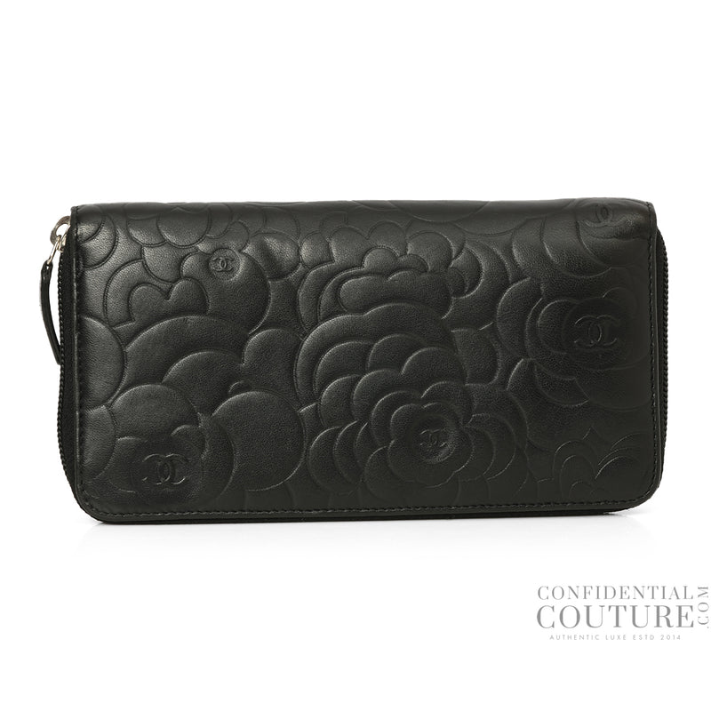 Black Camellia Embossed Zip Around Wallet