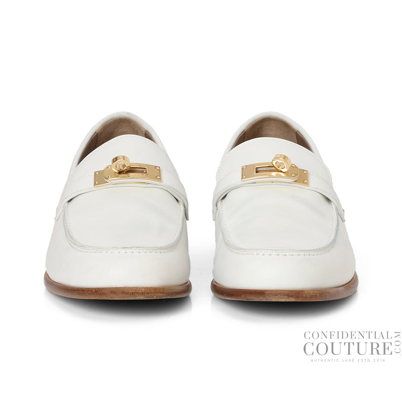 Women hermes destin loafers in white calfskin leather eu 39.5 us 9 uk 6