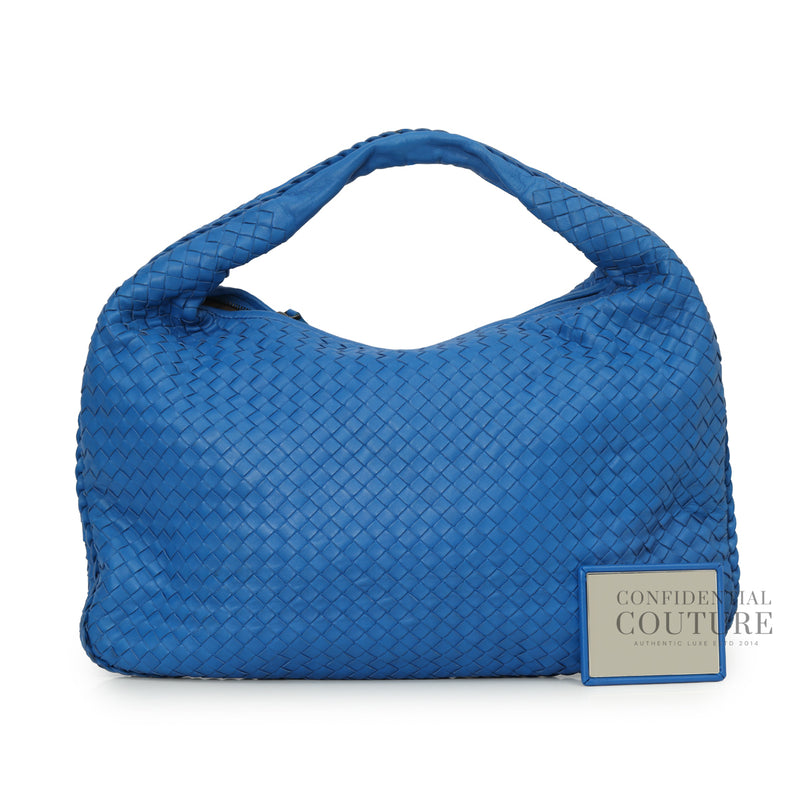 Blue Intrecciato Woven Nappa Leather Large Hobo Bag