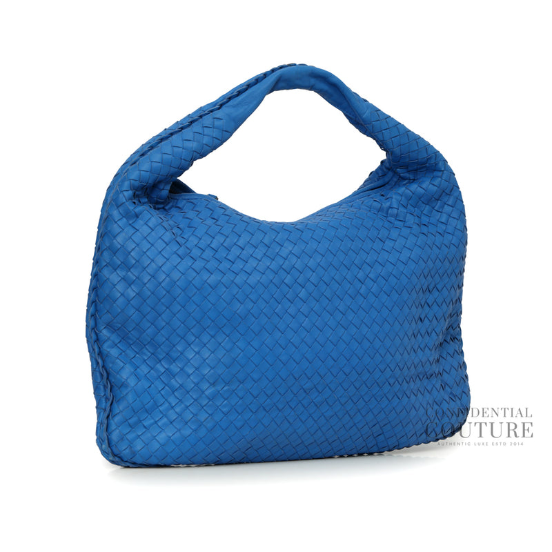 Blue Intrecciato Woven Nappa Leather Large Hobo Bag