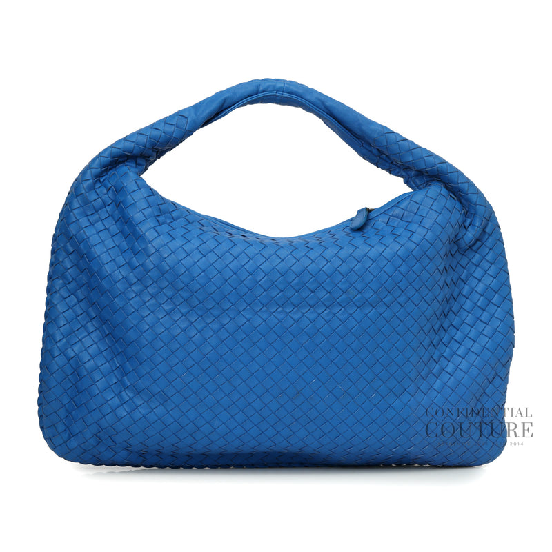 Blue Intrecciato Woven Nappa Leather Large Hobo Bag