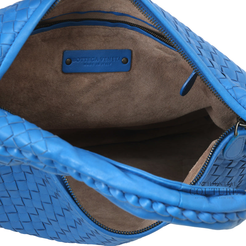Blue Intrecciato Woven Nappa Leather Large Hobo Bag