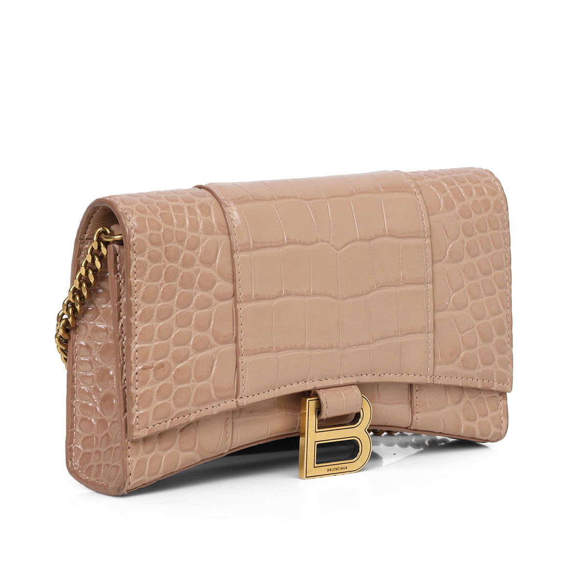 Croc-Embossed Nude Hourglass Wallet On Chain Bag