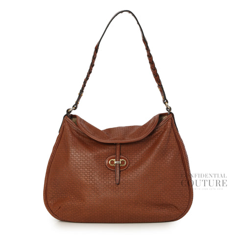 Brown Perforated Leather/Jungle Print Fabric Reversible Shoulder Bag