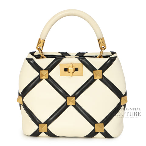 Garavani White/Black Roman Stud Quilted Leather Small Top Handle Bag
