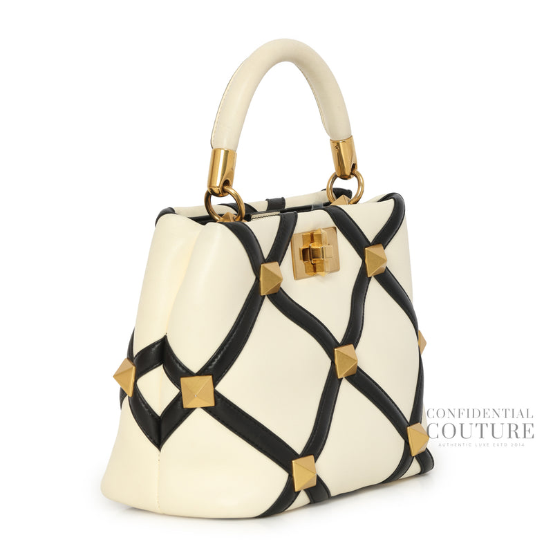 Garavani White/Black Roman Stud Quilted Leather Small Top Handle Bag