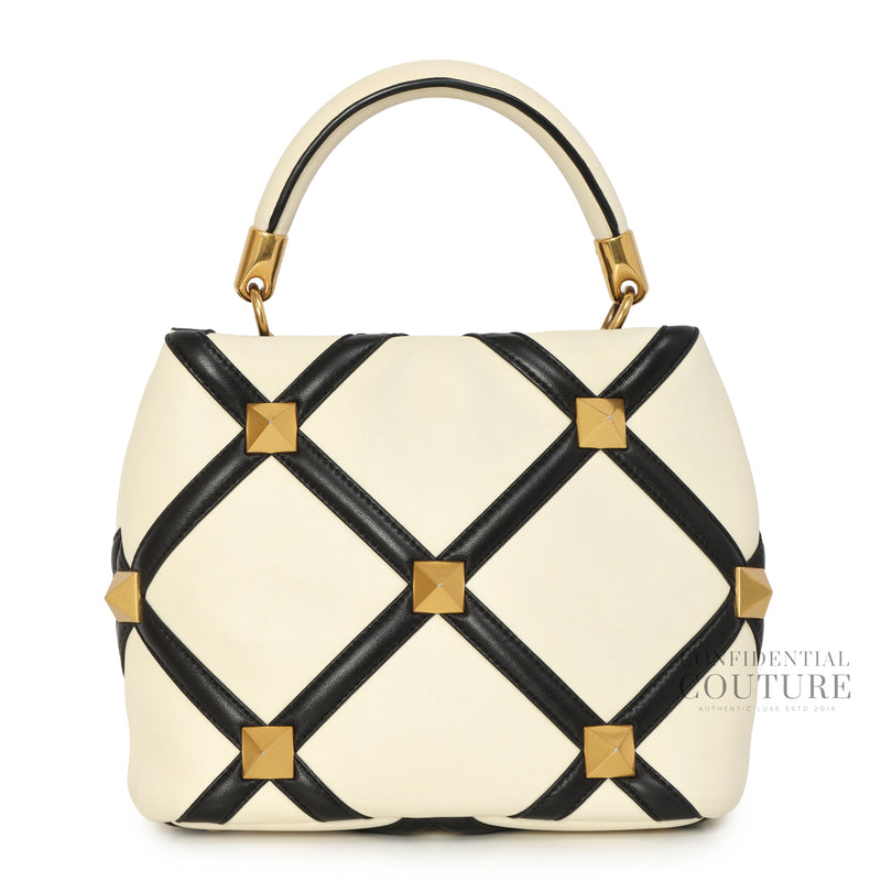 Garavani White/Black Roman Stud Quilted Leather Small Top Handle Bag