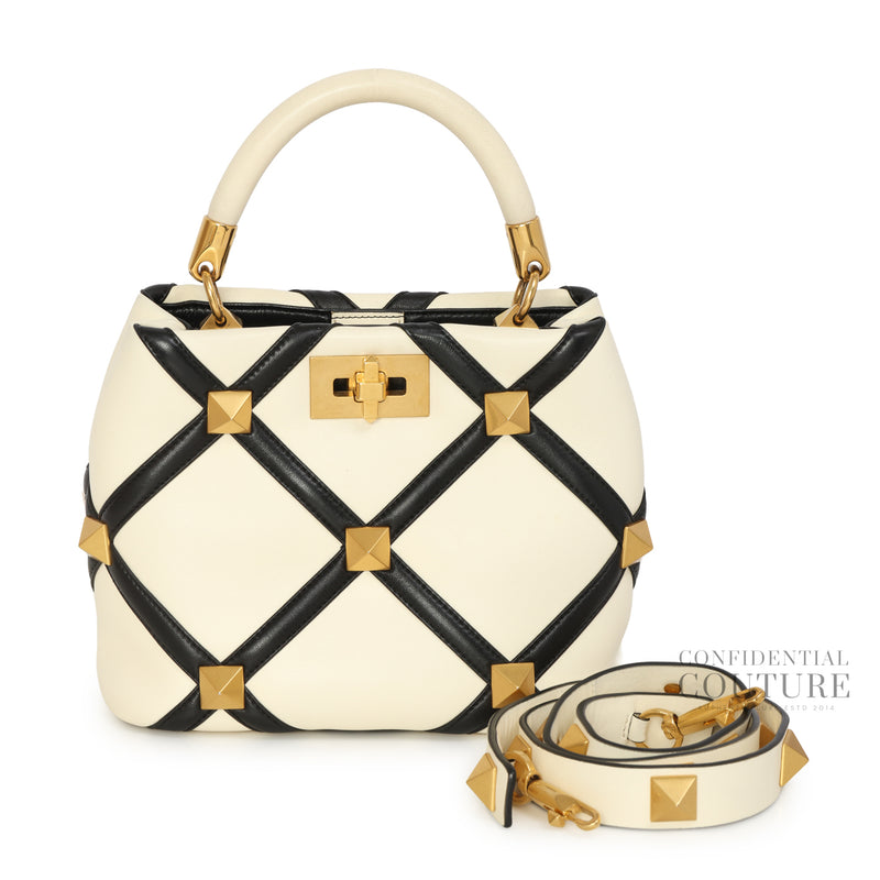 Garavani White/Black Roman Stud Quilted Leather Small Top Handle Bag